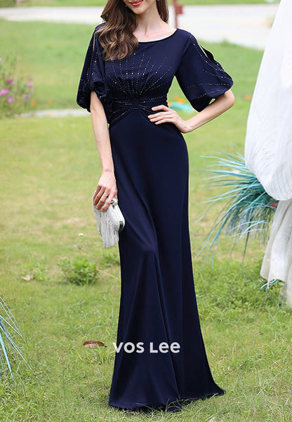 Simple Short Sleeve Scoop Sheath Floor-Length Mother of Bride Dresses
