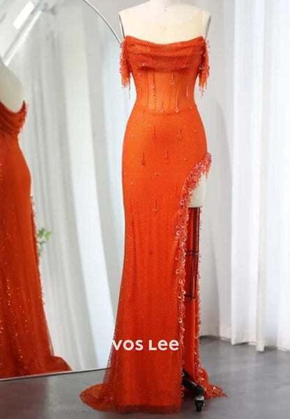 Off the Shoulder Sequins High Split Floor-Length Mermaid Prom Dresses