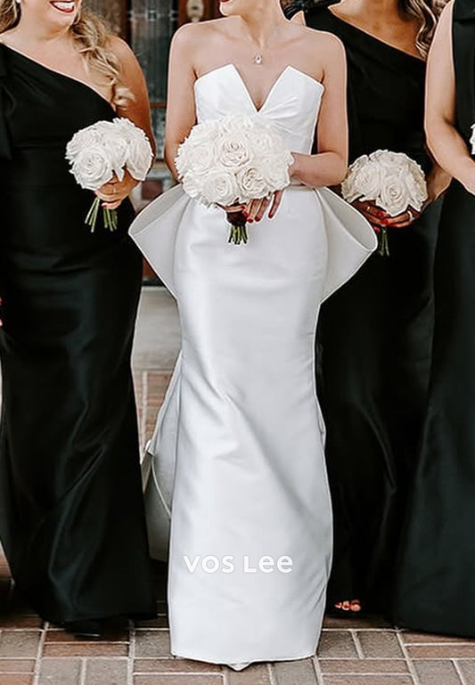 Strapless V Neck Ruched Bowknot Wedding Dresses with Court Train