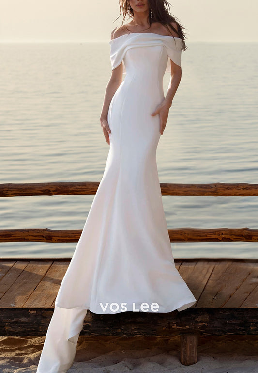 Couture & Ornate Off the Shoulder Pleated Mermaid Wedding Dresses with Sweep Train
