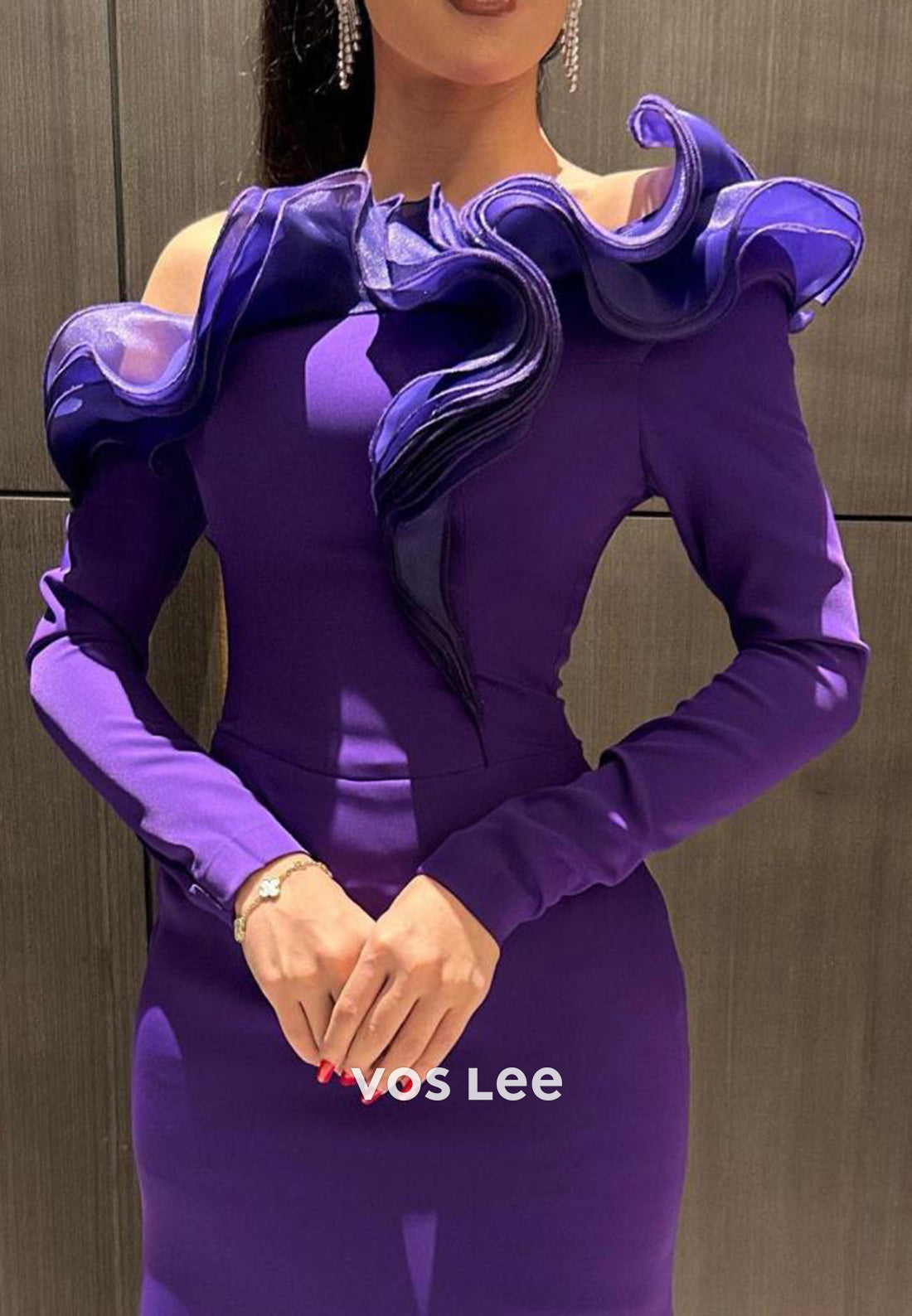 Long Sleeve One Shoulder Ruched Mermaid Evening Dresses with Sweep Train