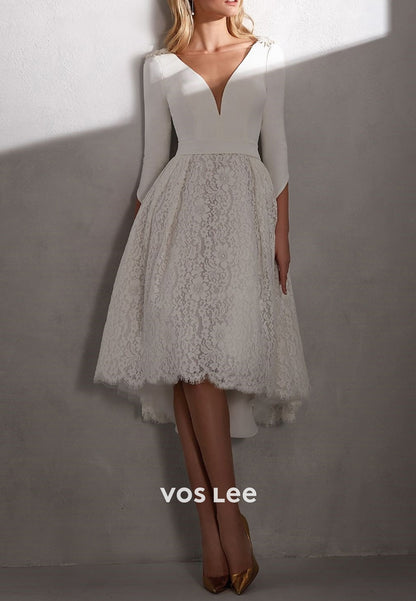 A-Line 3/4 Sleeve Plunging  V-Neck Appliques Lace Tea-Length Beach Wedding Dresses