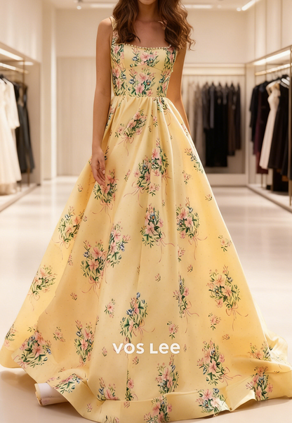 Square Neck Bead Pearls Print flowers Backless A Line Prom Dress