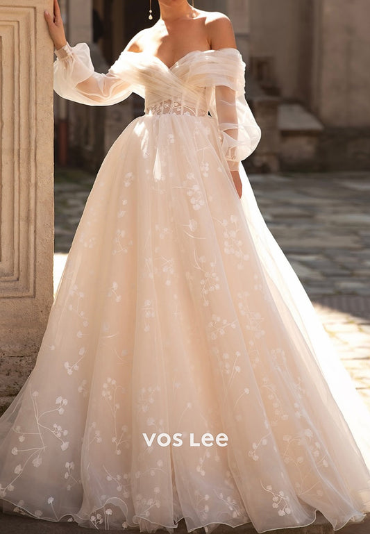 Long Sleeve Off the Shoulder Appliqued Wedding Dresses with Cathedral Train