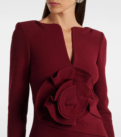 Women’s Burgundy Long Sleeve Midi Dress with 3D Floral Detail for Cocktail & Party