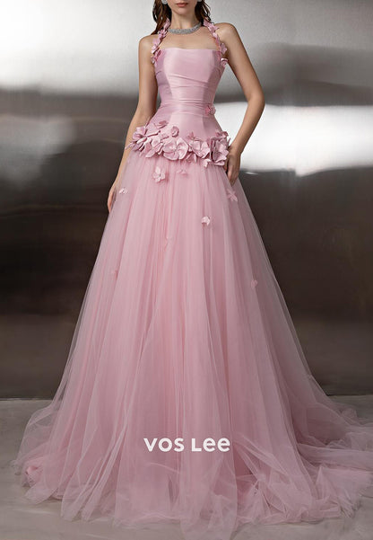 Pink Halter Floral Embellished A-Line Tulle Prom Dresses with Court Train