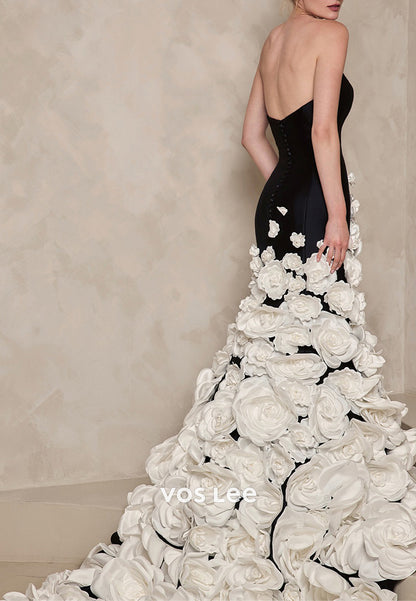 Sexy & Hot Strapless V Neck Floral Appliqued Mermaid Evening Dresses with Court Train