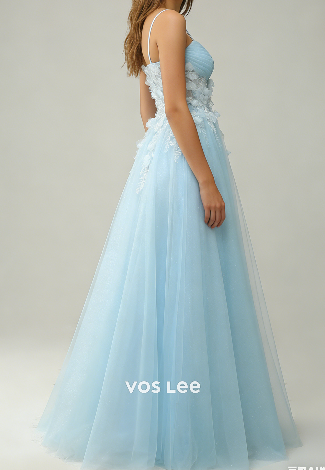 Spaghetti Straps A Line Blue Tulle Long Prom Dresses With Flowers Appliques
