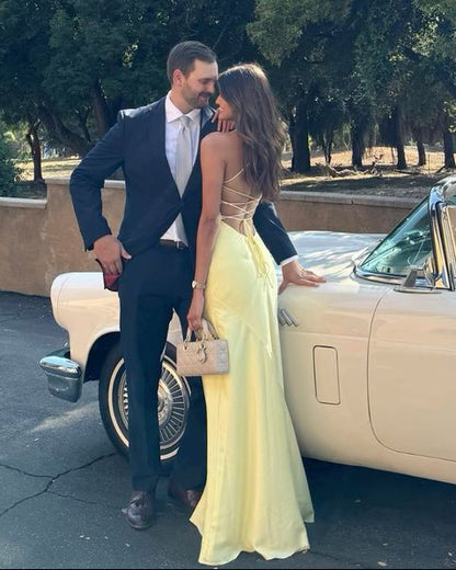 Yellow Straps Prom Dresses, Evening Dress Floor Length Party Gowns