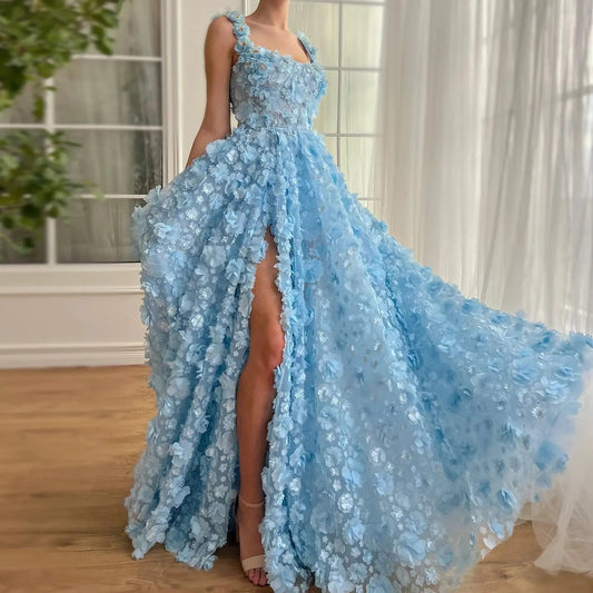 Chic Lilac 3D Embroidered Flowers Slit Evening Dress