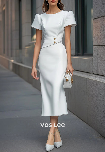 Simple & Casual Short Sleeve Scoop Tea-Length Ruched Mermaid Wedding Guest Dresses