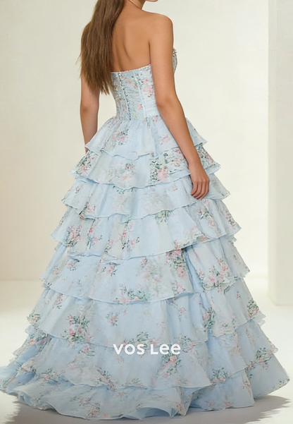 Sweetheart A Line Strapless Jacquard Long Tiered Prom Dresses With Bead Pearls