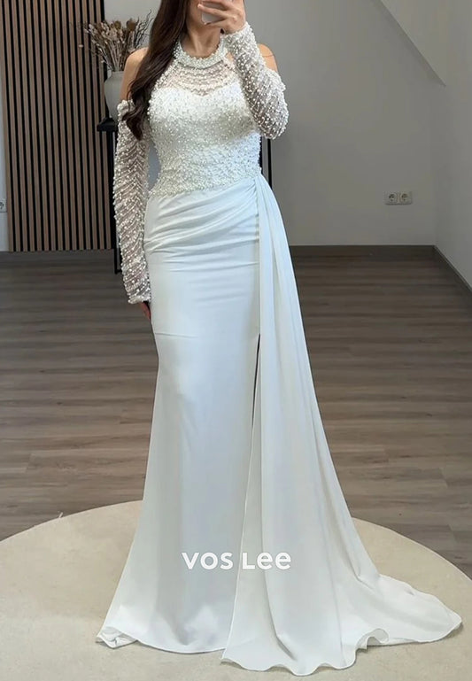 Glamorous Long Sleeve Halter Pearls Ruched Mermaid Evening Dresses with Sweep Train