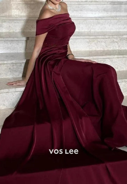 Classic & Timeless A-Line Pleated Off the Shoulder Evening Dresses with Court Train