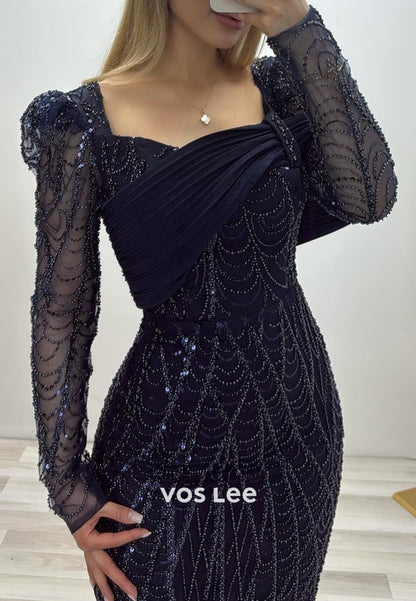 Dark Navy Long Sleeve Scoop Fully Beaded Mermaid Evening Dresses