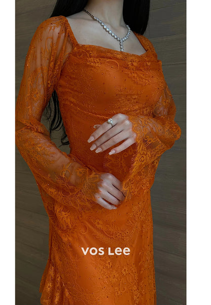 Long Sleeve Square Lace Appliques Rhinestone Ankle-Length Long Evening Dresses