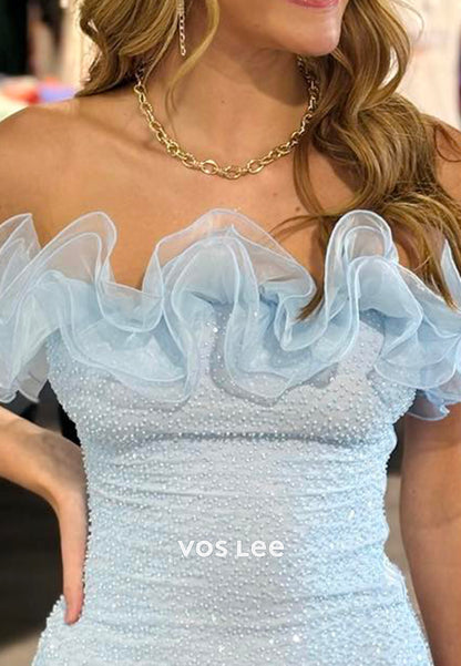 Sky Blue Strapless Sleeveless Pleated Mermaid Homecoming Dresses