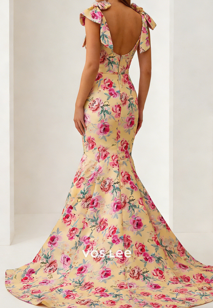 V-Neck Mermaid Floral Jacquard Prom Dresses With Bows