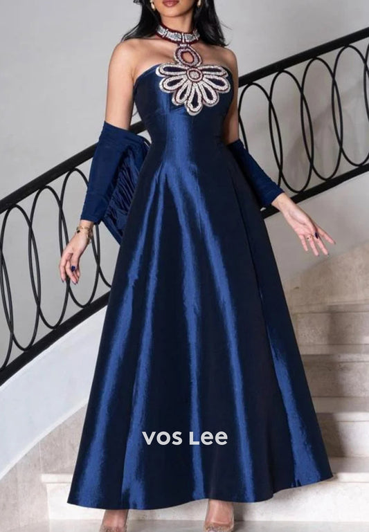 Glamorous & Dramatic A-Line Pearls Floral Halter Tea-Length Evening Dresses