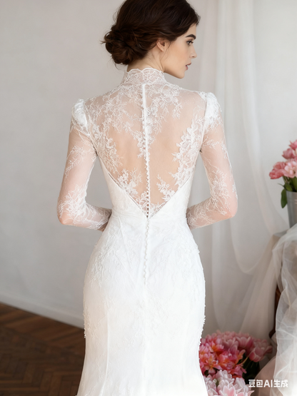 Fully Beaded Appliques Long Sleeve Illusion Neck Sheath Wedding Dresses