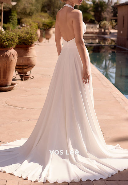 Gorgeous & Charming A-Line Halter Pleated Beach Wedding Dresses with High Split