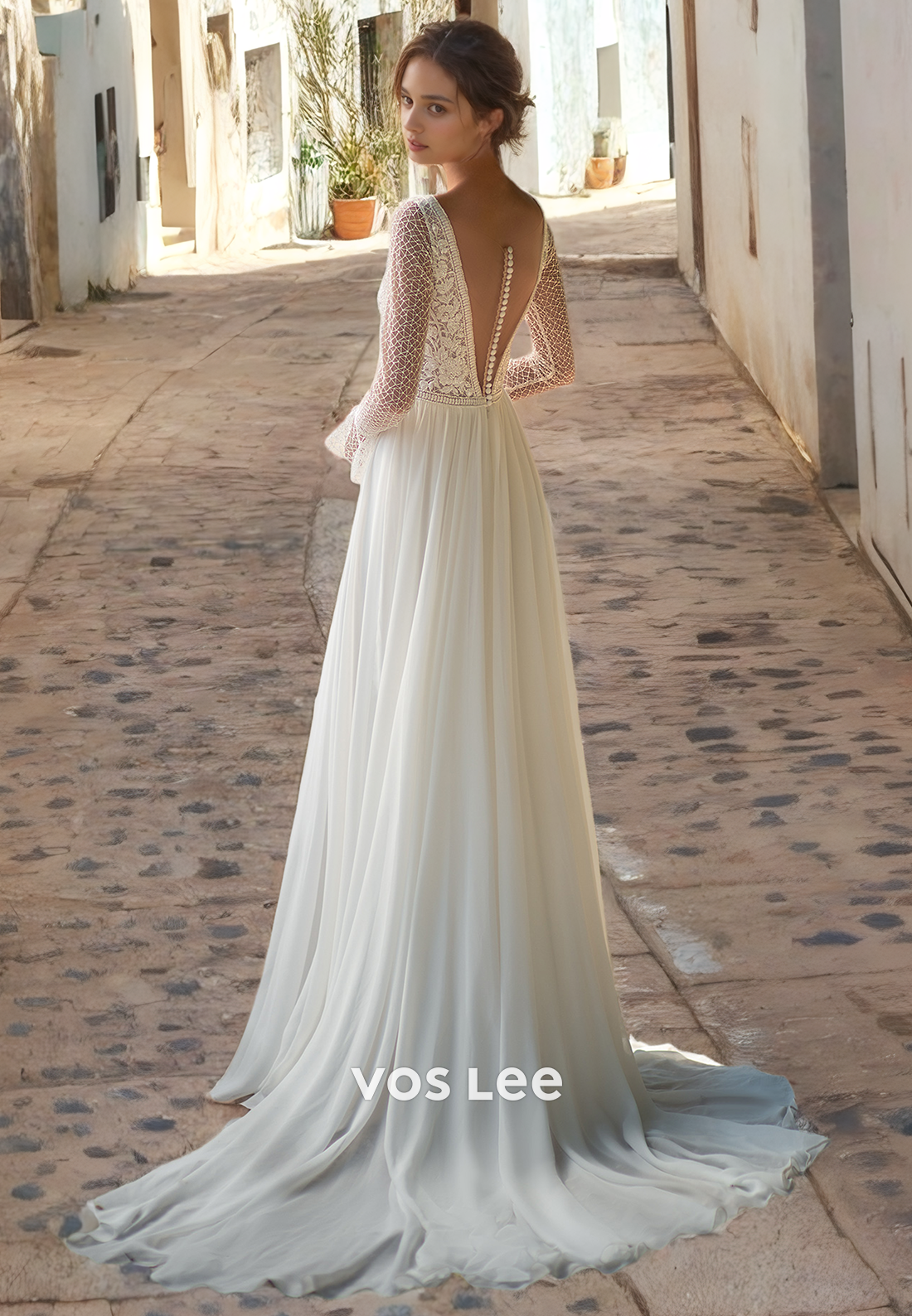 Boho A-Line V-neck Long Sleeves Chiffon Beach Wedding Dress