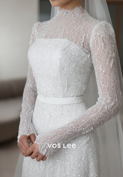 Long Sleeve Illusion Neck High Neck Appliques Sequins Sheath Wedding Dresses