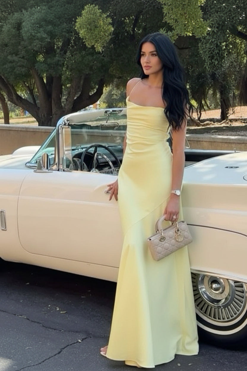 Yellow Straps Prom Dresses, Evening Dress Floor Length Party Gowns