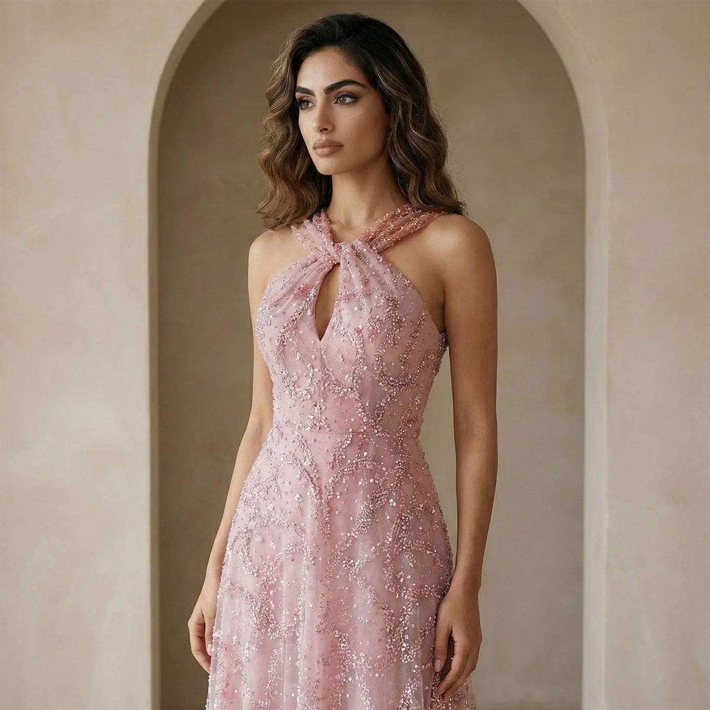 Luxury Gradient Pink Halter Neck Beaded Sequin Evening Dress