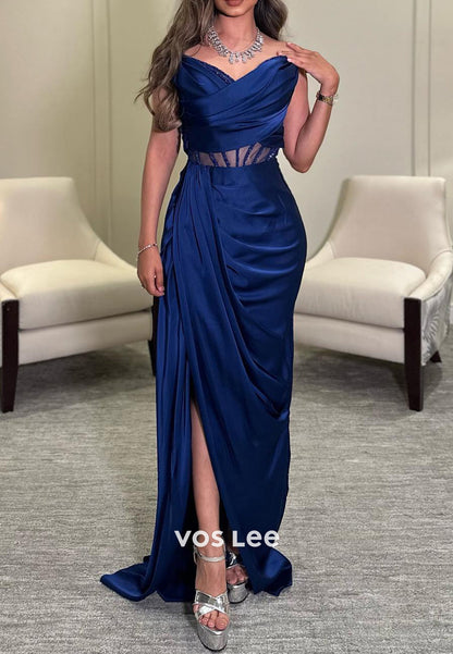 V Neck Illusion Rhinestone Floor-Length Sheath Evening Dresses Party Dresses with Side Split