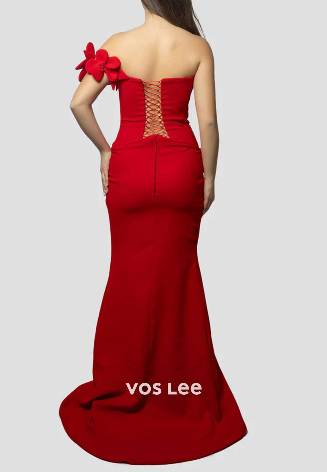 Sexy & Hot One Shoulder Floral Embossed Pleated Evening Dresses with Sweep Train
