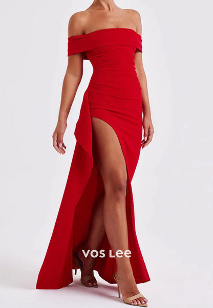 Sexy & Hot Off the Shoulder Pleated Floor-Length Mermaid Evening Dresses with High Split