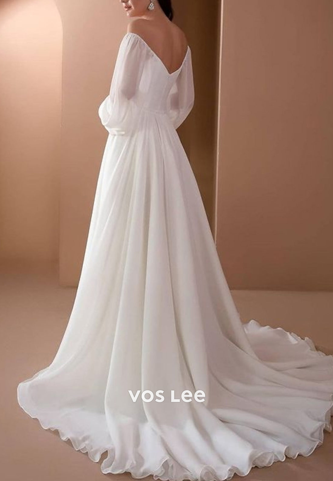 Classic A-Line Long Sleeve Off the Shoulder Pleated Wedding Dresses with Court Train