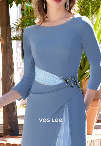 Couture 3/4 Sleeve Scoop Rhinestone Pleated Flowers Sheath Mother of Bride Dresses