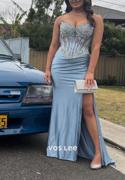 Blue Strapless Sweetheart Beaded Mermaid Split Long Dress