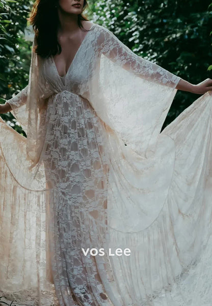 A-Line Plunging V Neck Appliques Lace Long Sleeve Wedding Dresses with Sweep Train