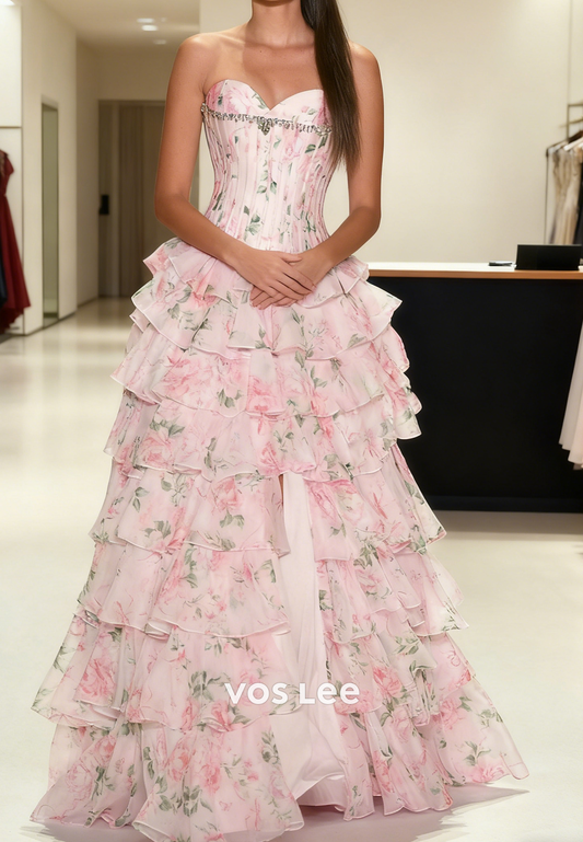 Sweetheart Flower Print Tiered A-line Long Prom Dresse With Split