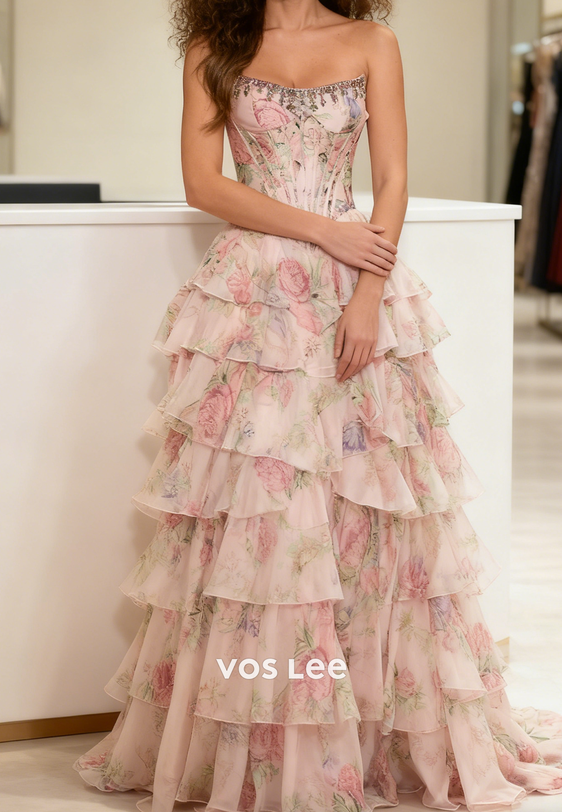 Sweetheart Bead Crystals Flower Print Tiered A-line Long Prom Dresse With Split