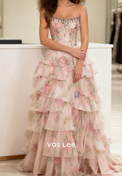 Sweetheart Bead Crystals Flower Print Tiered A-line Long Prom Dresse With Split