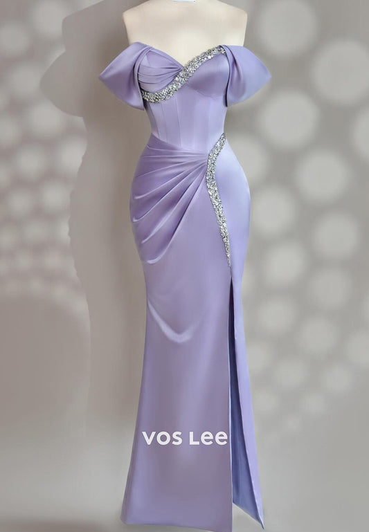 Off the Shoulder Pleated Rhinestone Classic Mermaid Evening Dresses with High Slit