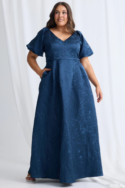 A-line V-Neck line Puff Sleeves Maxi Dress