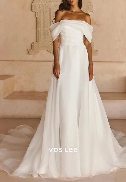 A-Line Off the Shoulder Appliqued Tulle Pleated Wedding Dresses with Chapel Train