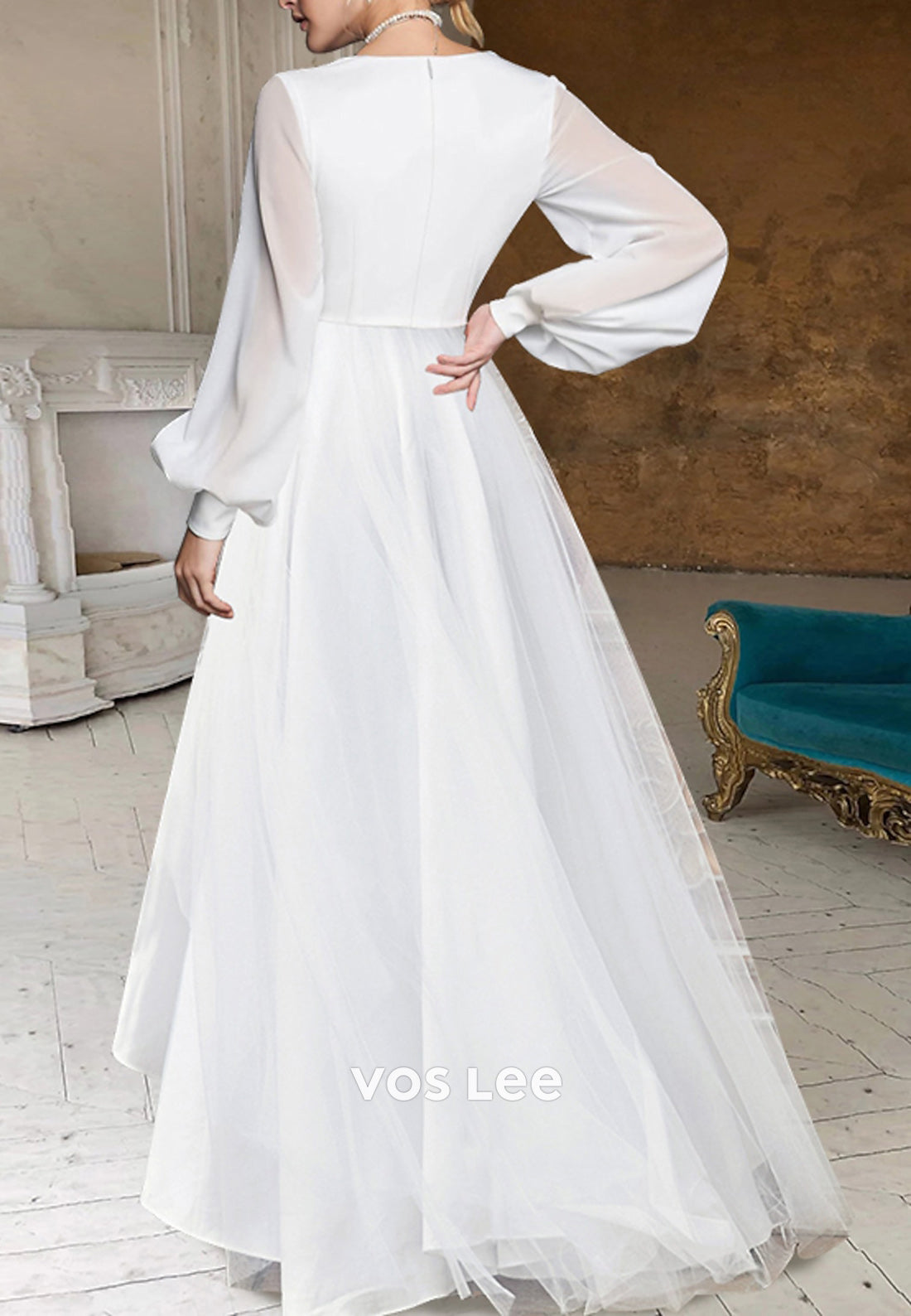 Couture & Ornate High Low A-Line Long Sleeve V Neck Pleated Wedding Dresses