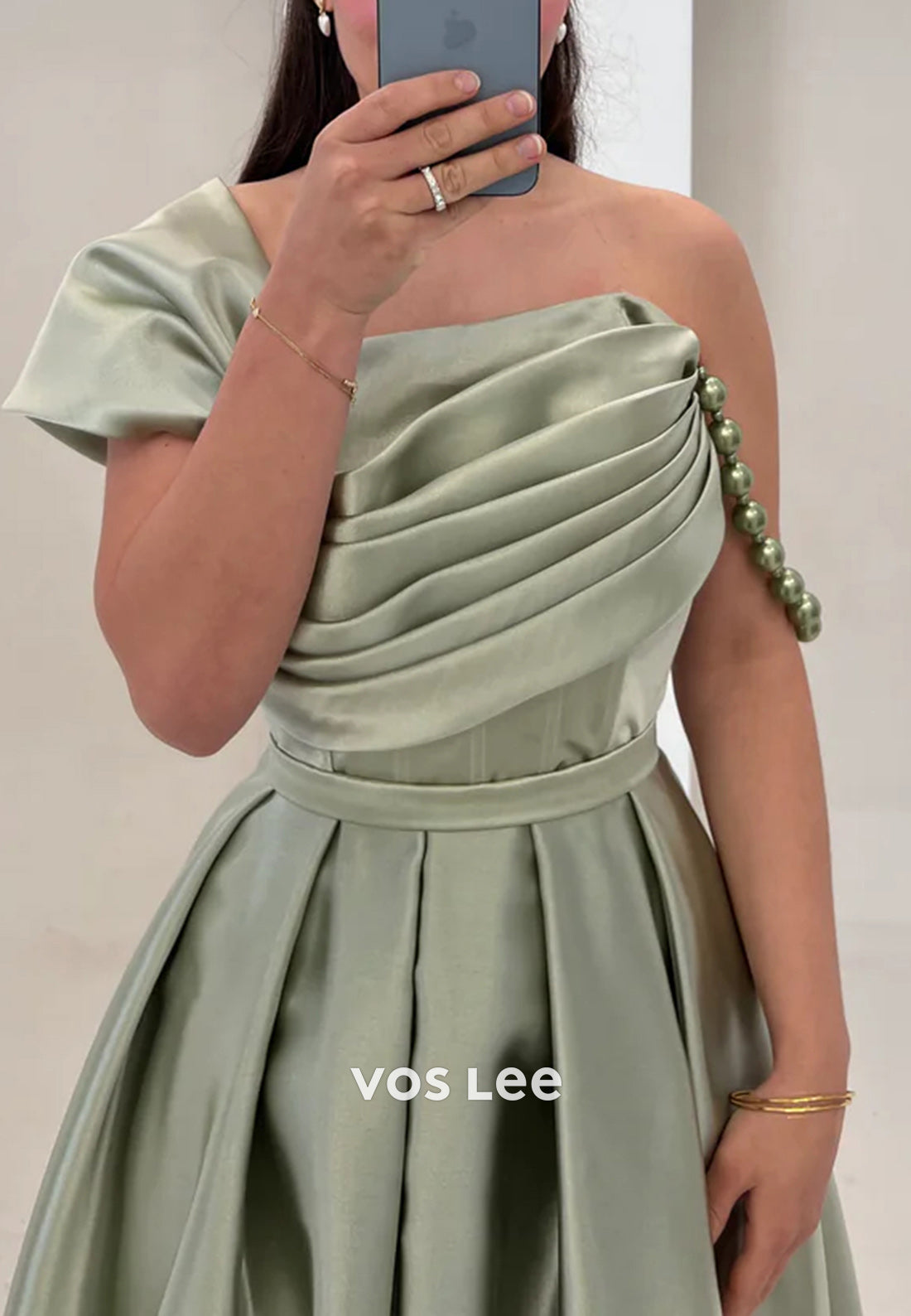 Couture & Ornate A-Line One Shoulder Pearls Pleated Evening Dresses with Court Train