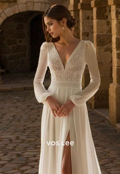 V Neck Elegant Chiffon Engagement Dresses with Split Full Sleeves Button Back Wedding Dress