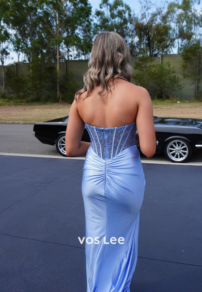 Strapless Sweetheart  Long Prom Dress With High Slit Sequins