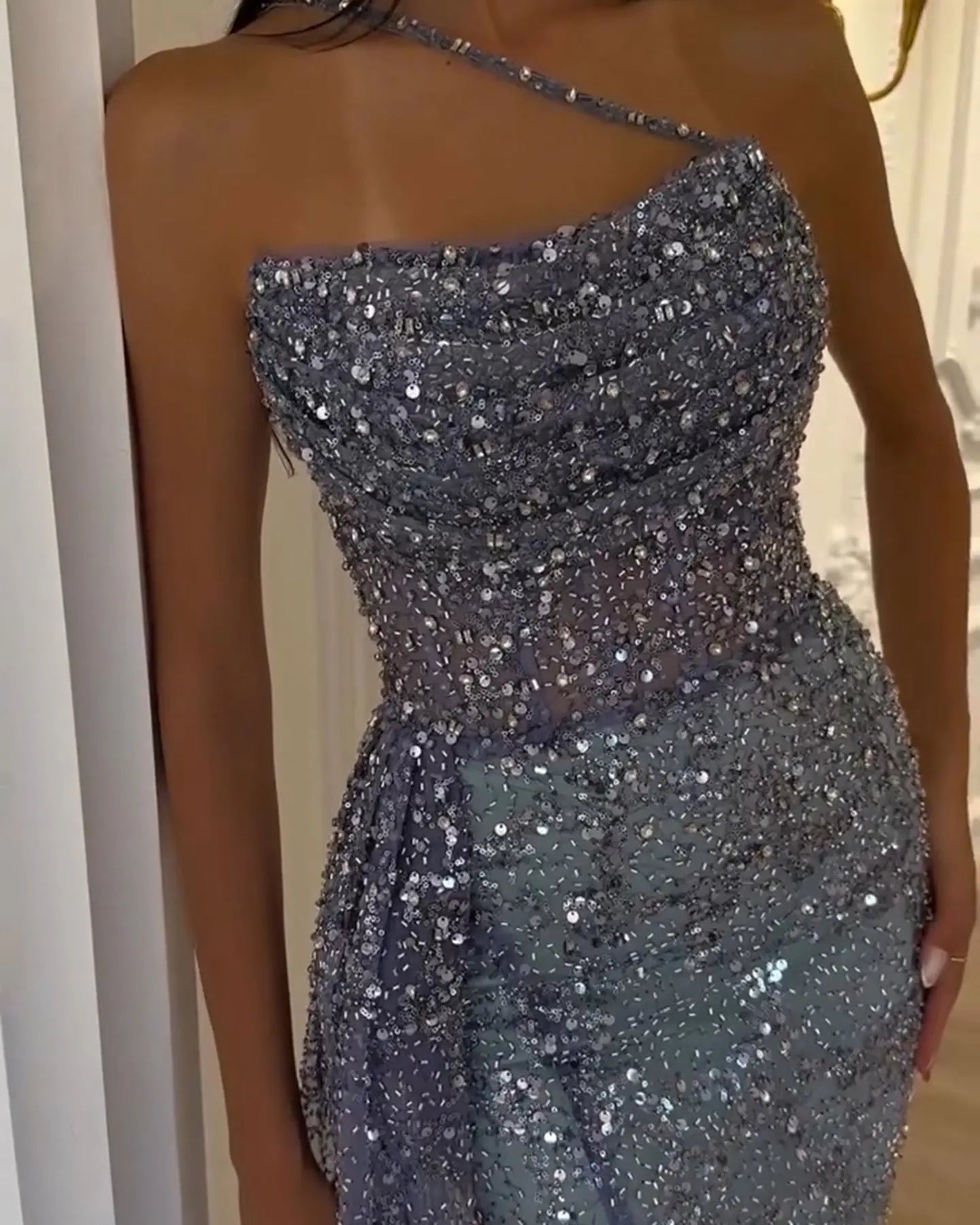 Luxury Blue One Shoulder Evening Dress with Overskirt
