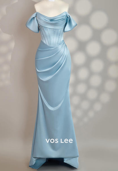 Classic Off the Shoulder Rhinestone Ruched Mermaid Evening Dresses with Train