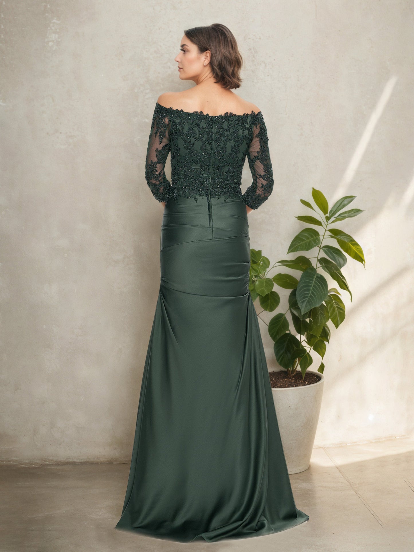 Off The Shoulder Long Sleeves Dark Emerald Ruched Mother Of The Bride Dress