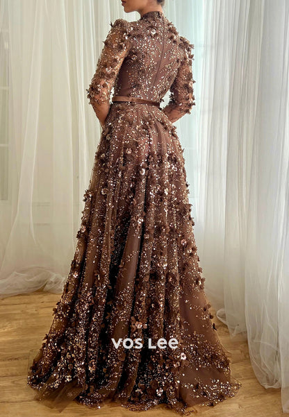 A-Line Long Sleeve V Neck Appliques Lace Floor-Length Prom Dresses